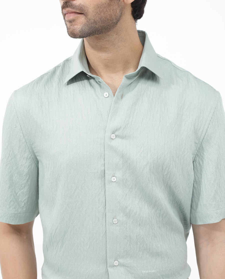Rare Rabbit Men's Zion Light Green Cotton Plain Boxy Fit Half Sleeve Collared Shirt