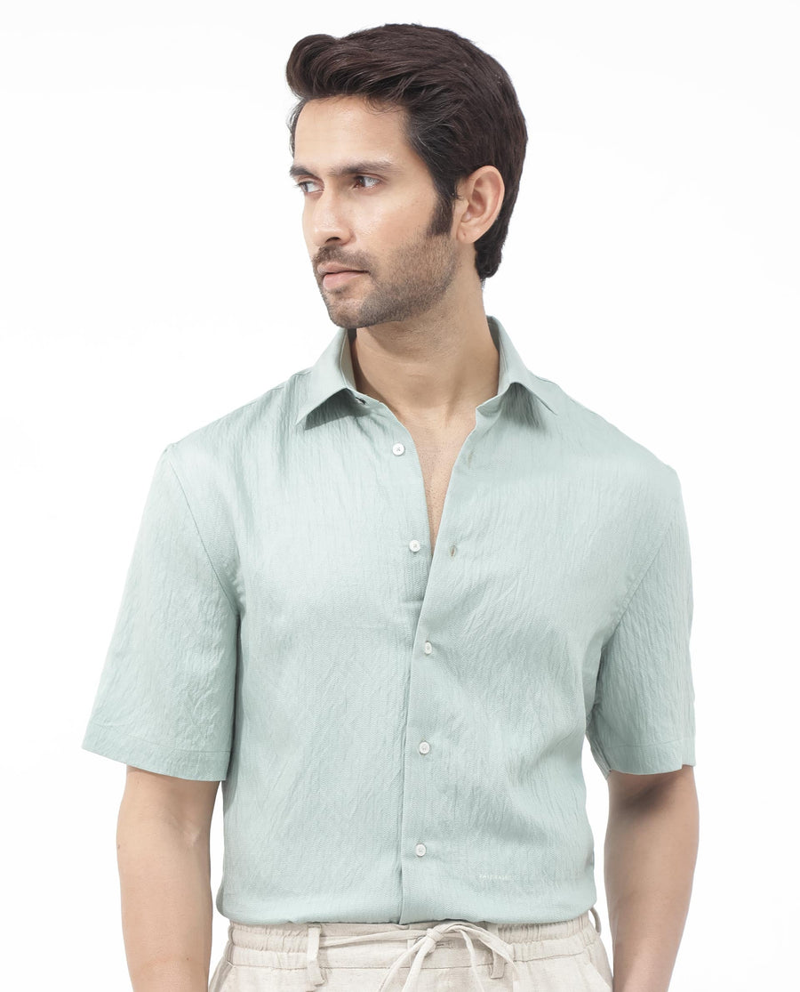 Rare Rabbit Men's Zion Light Green Cotton Plain Boxy Fit Half Sleeve Collared Shirt