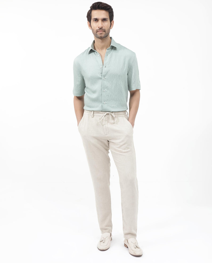 Rare Rabbit Men's Zion Light Green Cotton Plain Boxy Fit Half Sleeve Collared Shirt