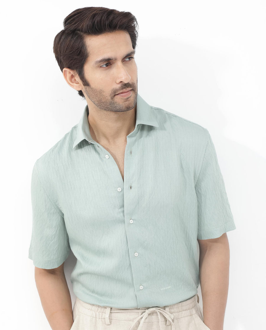 Rare Rabbit Men's Zion Light Green Cotton Plain Boxy Fit Half Sleeve Collared Shirt