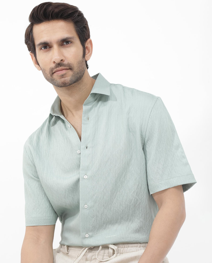 Rare Rabbit Men's Zion Light Green Cotton Plain Boxy Fit Half Sleeve Collared Shirt