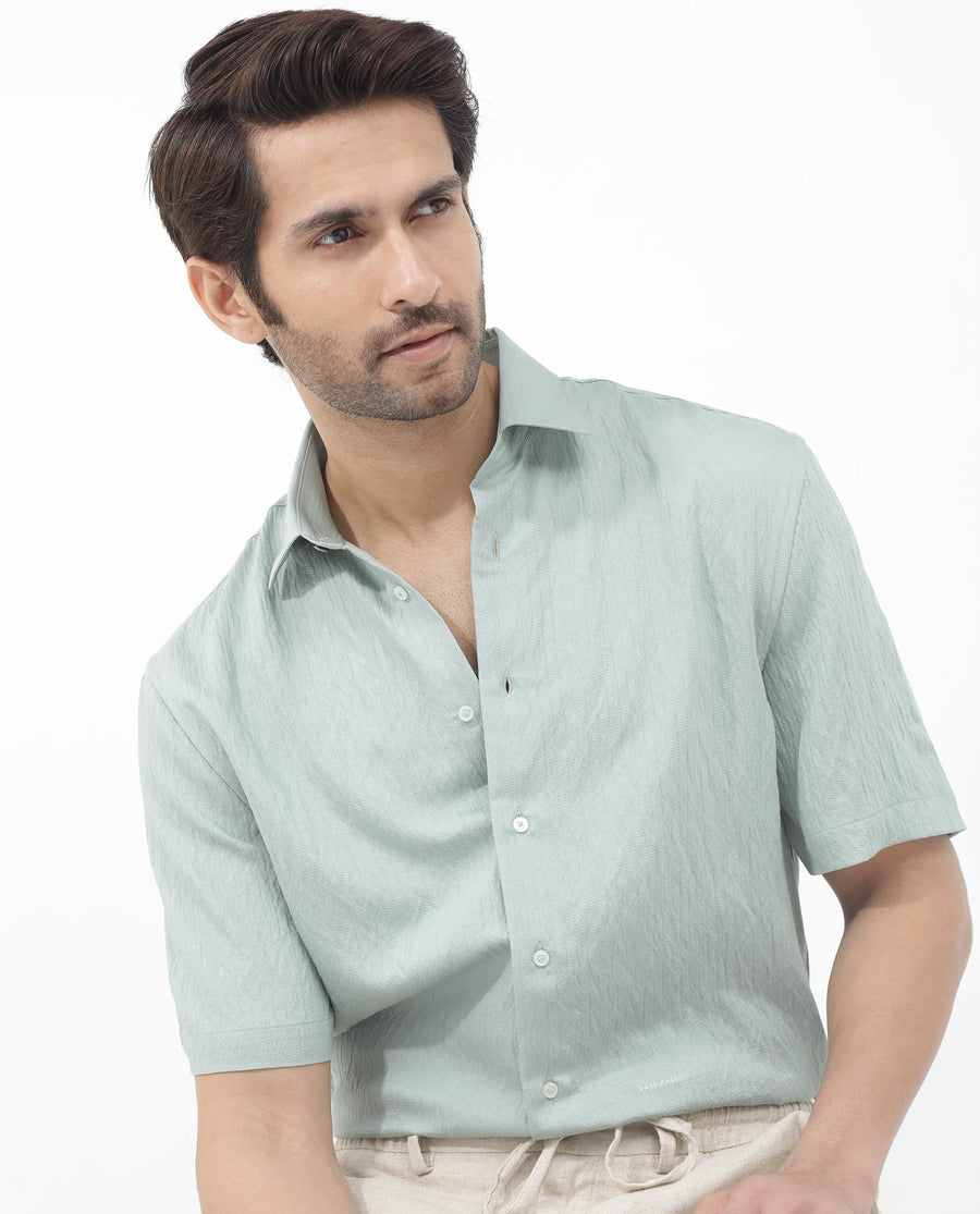 Rare Rabbit Men's Zion Light Green Cotton Plain Boxy Fit Half Sleeve Collared Shirt