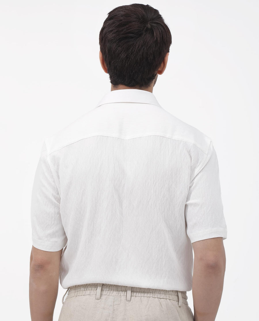 Rare Rabbit Men's Zion White Cotton Plain Boxy Fit Half Sleeve Collared Shirt