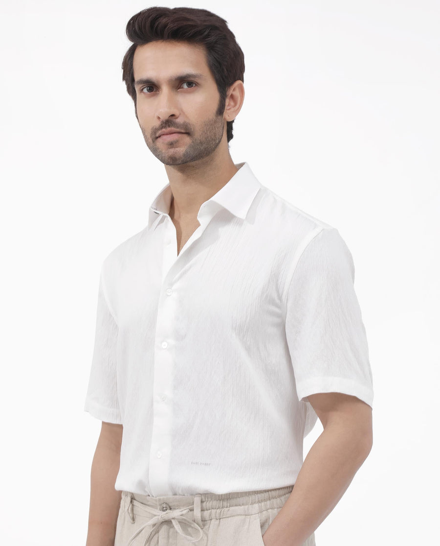 Rare Rabbit Men's Zion White Cotton Plain Boxy Fit Half Sleeve Collared Shirt