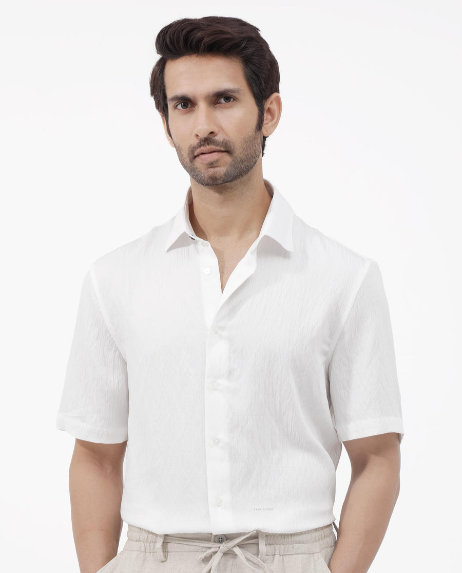 Rare Rabbit Men's Zion White Cotton Plain Boxy Fit Half Sleeve Collared Shirt