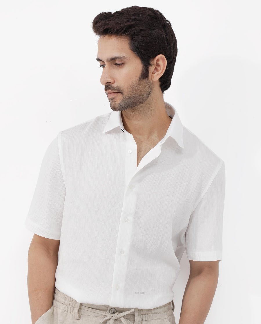 Rare Rabbit Men's Zion White Cotton Plain Boxy Fit Half Sleeve Collared Shirt