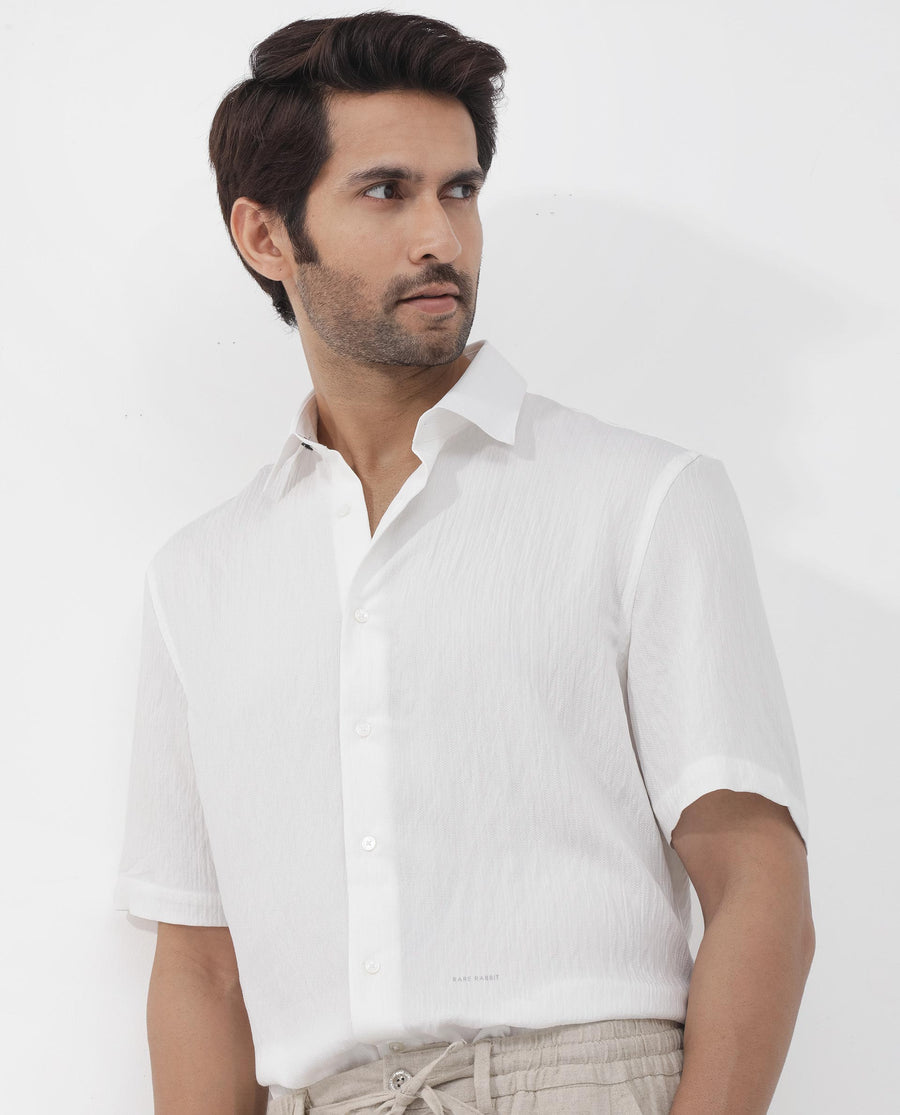 Rare Rabbit Men's Zion White Cotton Plain Boxy Fit Half Sleeve Collared Shirt