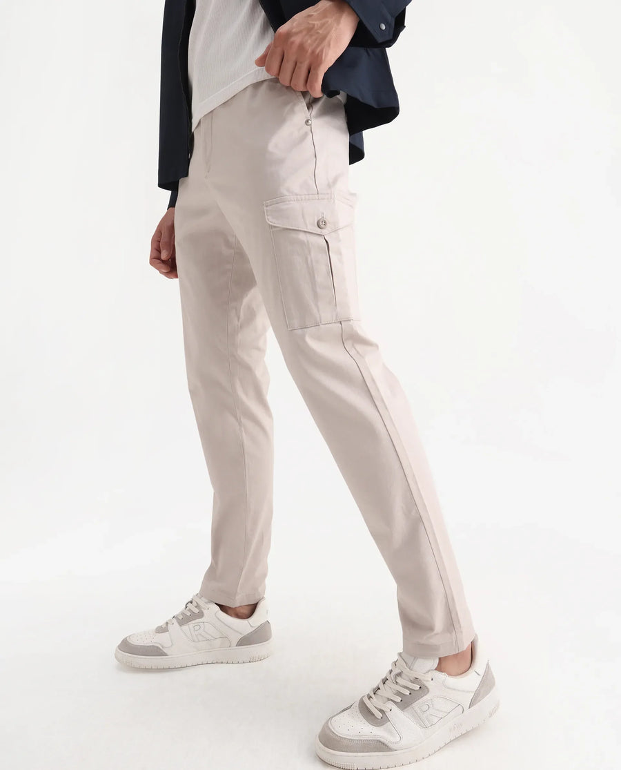 Rare Rabbit Men's Zipe Light Grey Cotton Plain Regular Fit Trouser