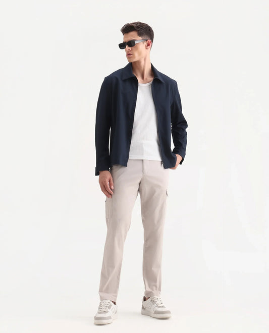 Rare Rabbit Men's Zipe Light Grey Cotton Plain Regular Fit Trouser