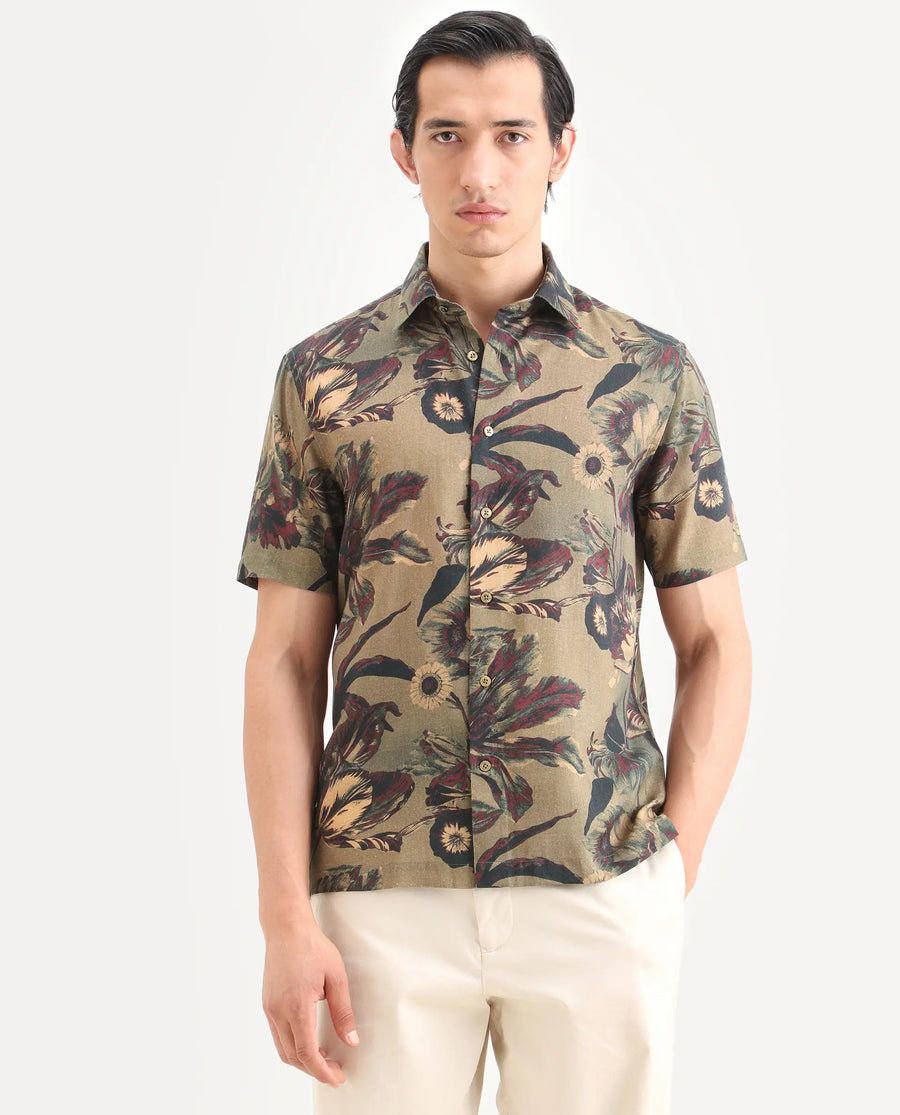Rare Rabbit Men's Ziph Olive Linen Blend Fabric Half Sleeve Spread Collar Regular Fit Floral Print Shirt