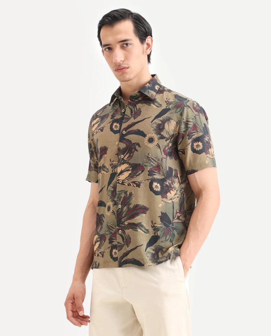 Rare Rabbit Men's Ziph Olive Linen Blend Fabric Half Sleeve Spread Collar Regular Fit Floral Print Shirt
