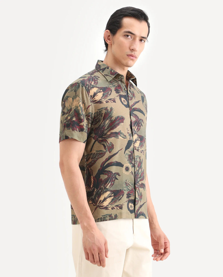Rare Rabbit Men's Ziph Olive Linen Blend Fabric Half Sleeve Spread Collar Regular Fit Floral Print Shirt