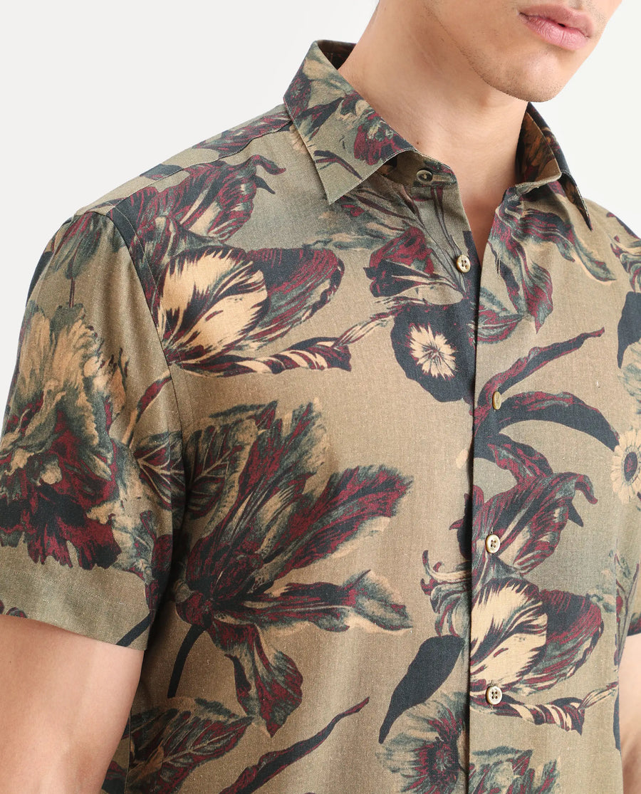 Rare Rabbit Men's Ziph Olive Linen Blend Fabric Half Sleeve Spread Collar Regular Fit Floral Print Shirt