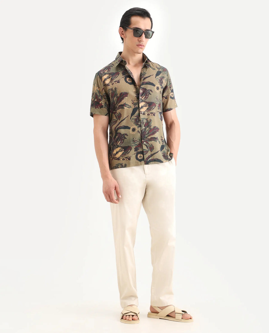 Rare Rabbit Men's Ziph Olive Linen Blend Fabric Half Sleeve Spread Collar Regular Fit Floral Print Shirt