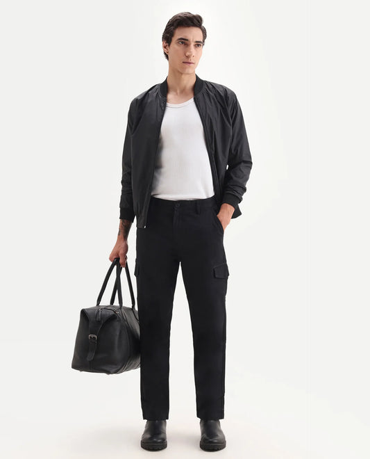 Rare Rabbit Men's Zipo Black Cotton Plain Regular Fit Trouser