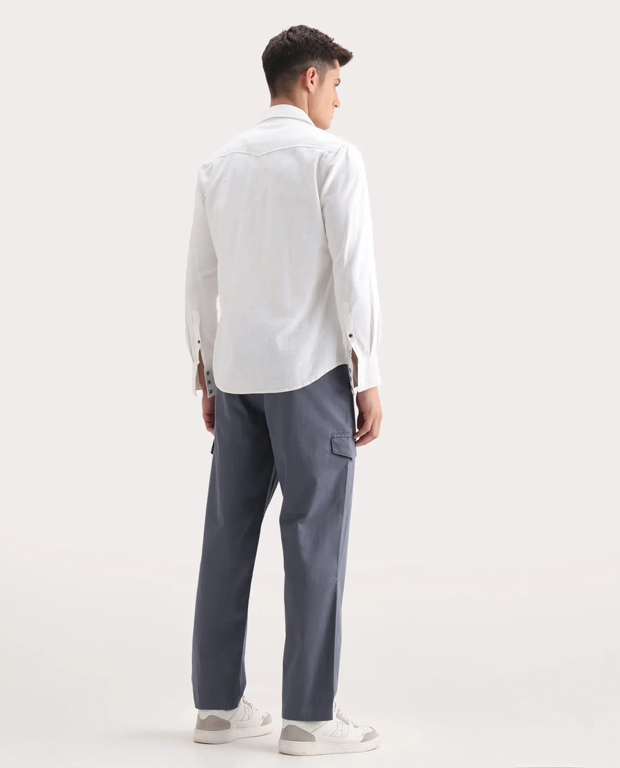 Rare Rabbit Men's Zipo Dusky Blue Cotton Plain Regular Fit Trouser