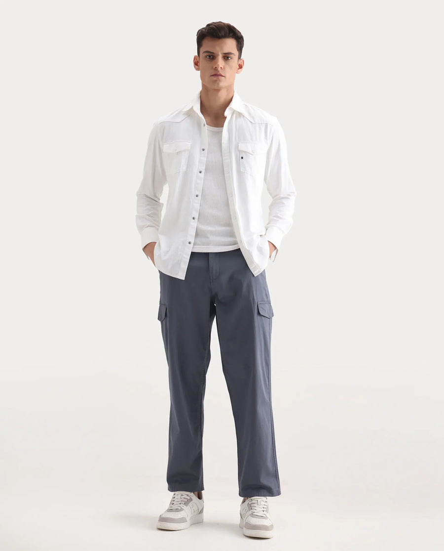 Rare Rabbit Men's Zipo Dusky Blue Cotton Plain Regular Fit Trouser