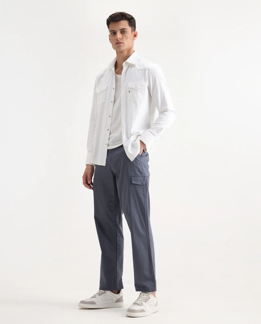 Rare Rabbit Men's Zipo Dusky Blue Cotton Plain Regular Fit Trouser