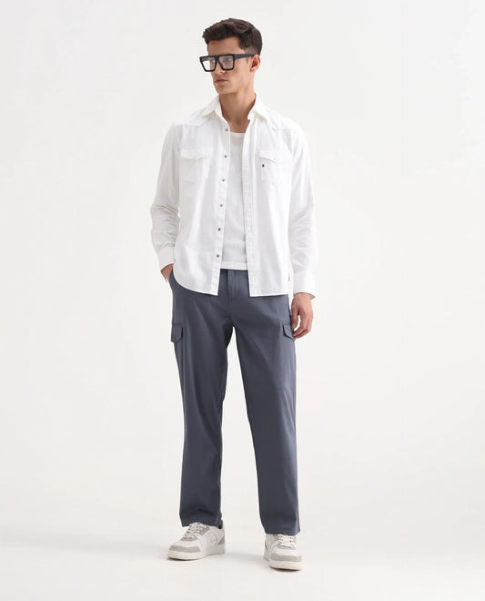 Rare Rabbit Men's Zipo Dusky Blue Cotton Plain Regular Fit Trouser