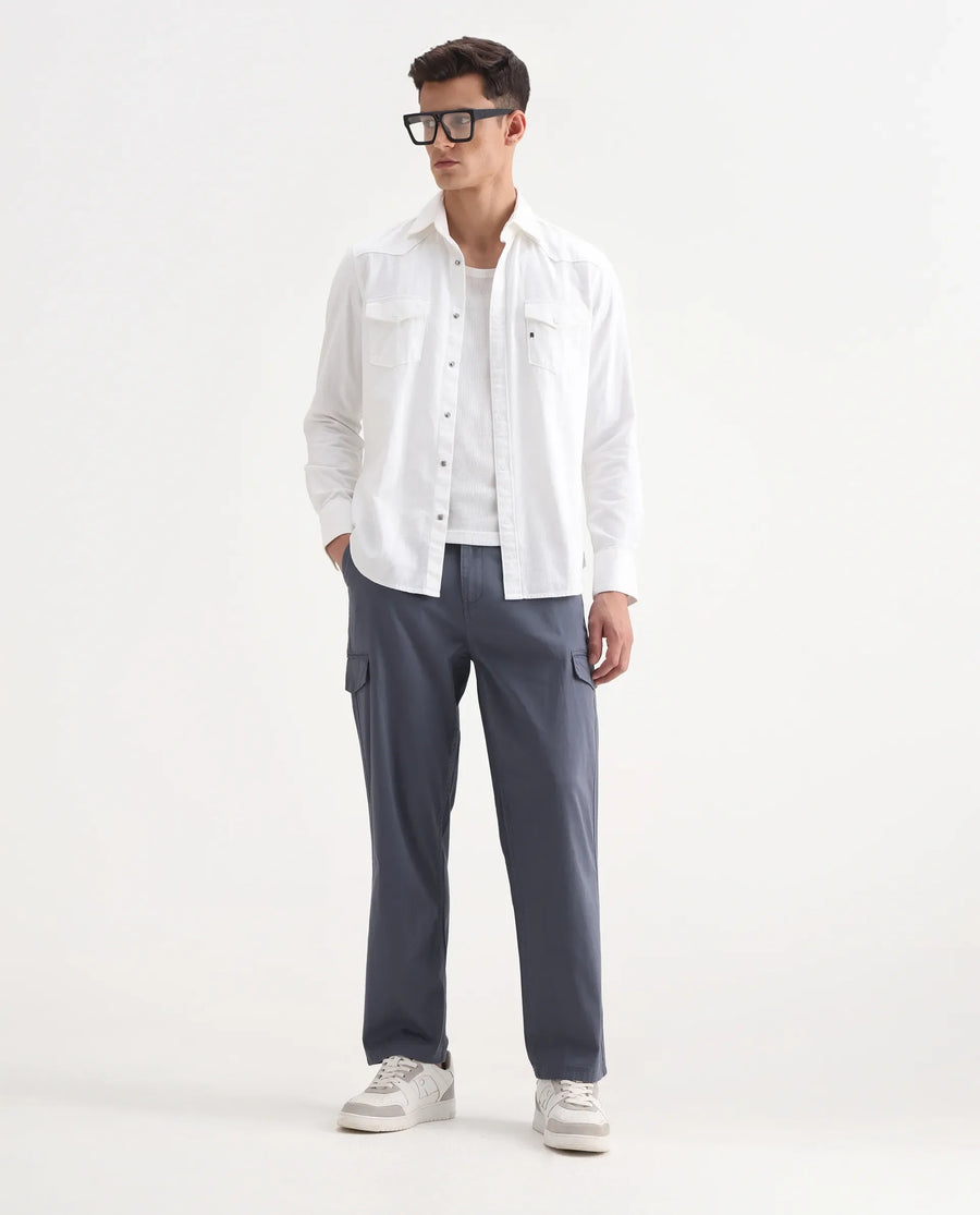 Rare Rabbit Men's Zipo Dusky Blue Cotton Plain Regular Fit Trouser