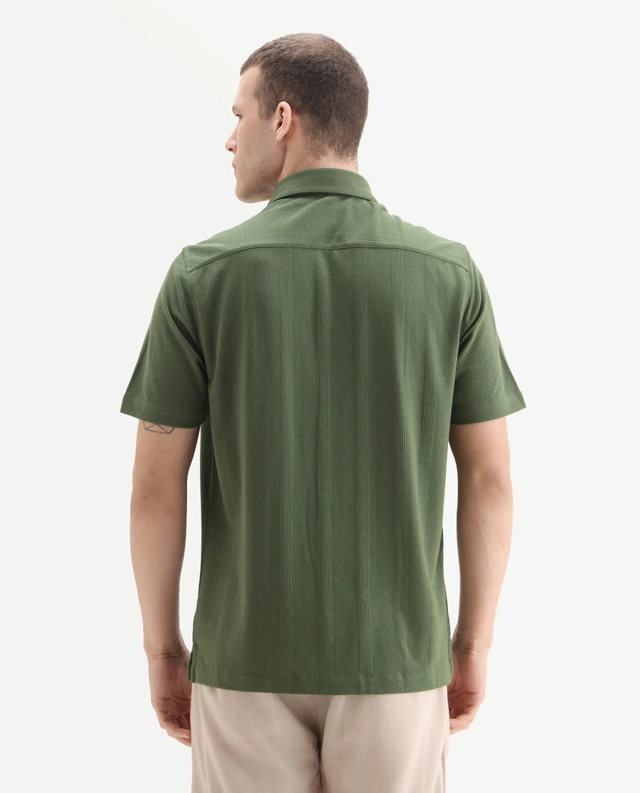 Rare Rabbit Men's Zipo Light Olive Cotton Fabric Spread Collar Relaxed Fit Jacquard Shirt