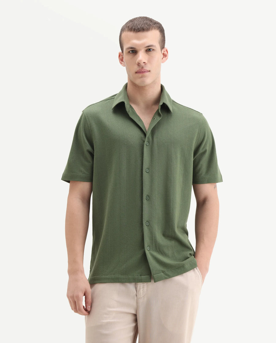 Rare Rabbit Men's Zipo Light Olive Cotton Fabric Spread Collar Relaxed Fit Jacquard Shirt