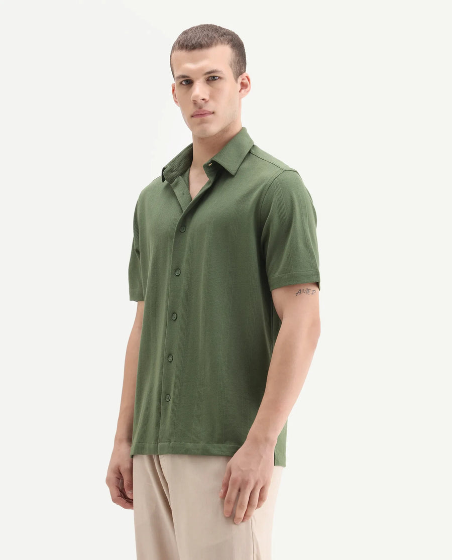 Rare Rabbit Men's Zipo Light Olive Cotton Fabric Spread Collar Relaxed Fit Jacquard Shirt
