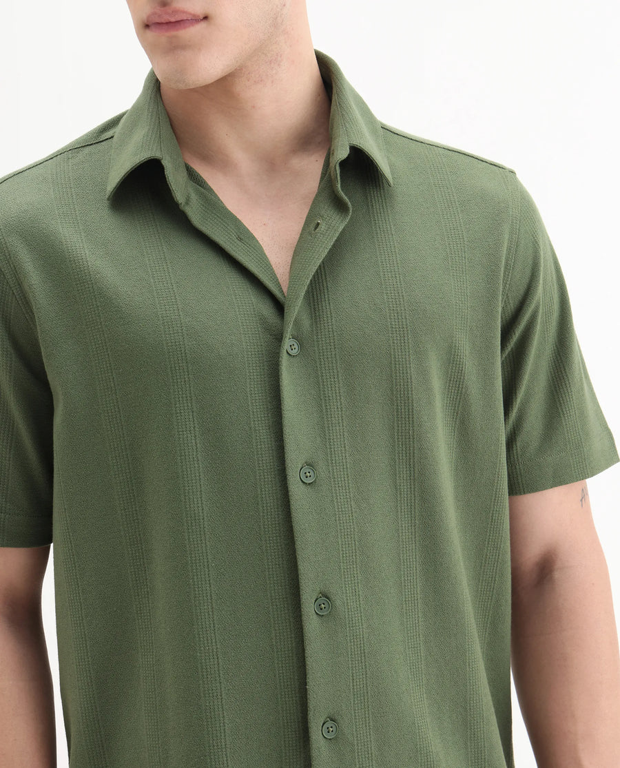 Rare Rabbit Men's Zipo Light Olive Cotton Fabric Spread Collar Relaxed Fit Jacquard Shirt