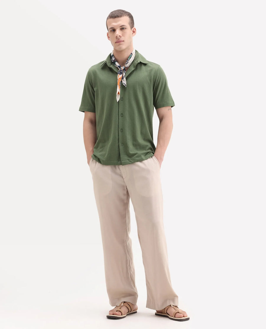 Rare Rabbit Men's Zipo Light Olive Cotton Fabric Spread Collar Relaxed Fit Jacquard Shirt