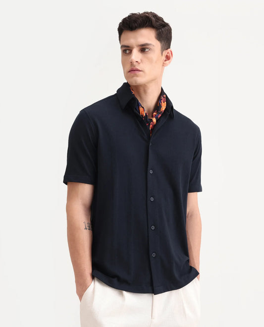 Rare Rabbit Men's Zipo Navy Cotton Fabric Spread Collar Relaxed Fit Jacquard Shirt