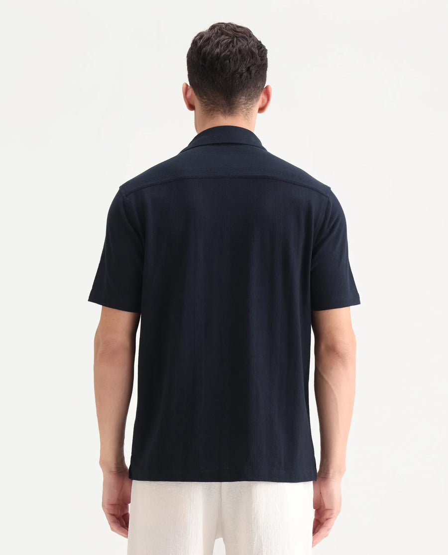 Rare Rabbit Men's Zipo Navy Cotton Fabric Spread Collar Relaxed Fit Jacquard Shirt