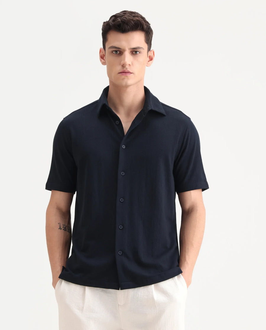 Rare Rabbit Men's Zipo Navy Cotton Fabric Spread Collar Relaxed Fit Jacquard Shirt