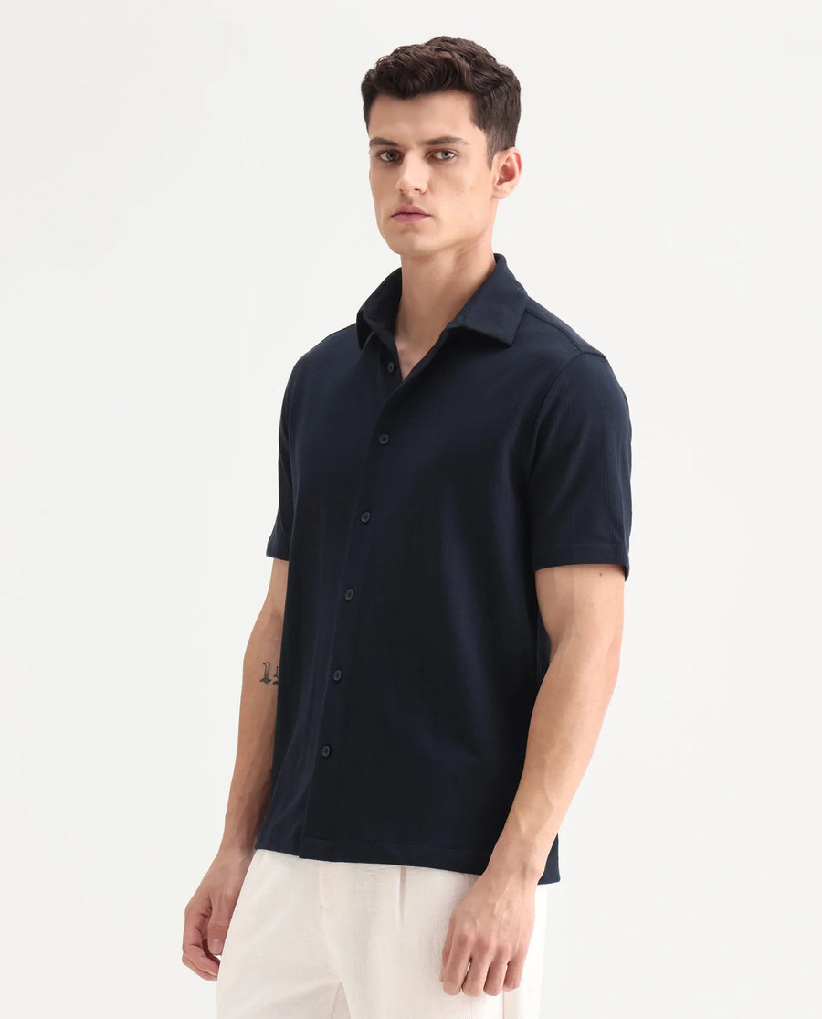 Rare Rabbit Men's Zipo Navy Cotton Fabric Spread Collar Relaxed Fit Jacquard Shirt
