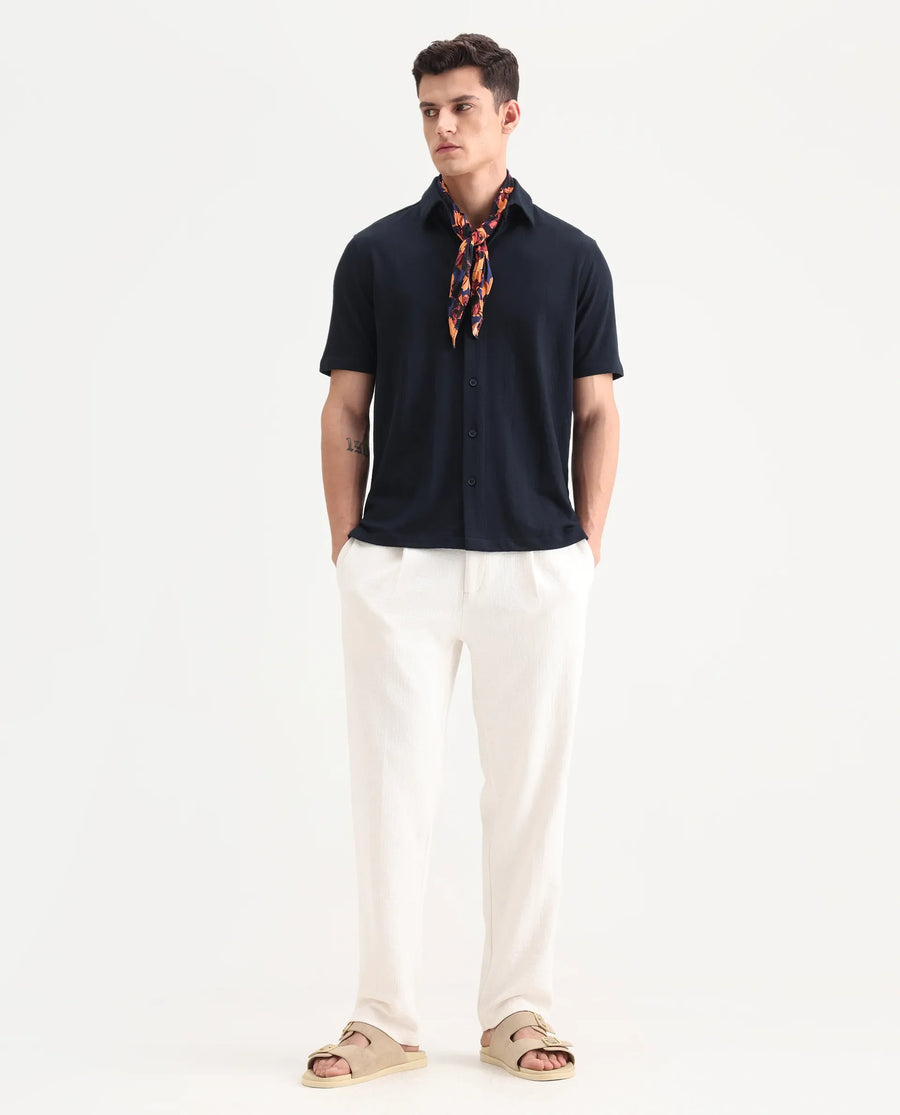 Rare Rabbit Men's Zipo Navy Cotton Fabric Spread Collar Relaxed Fit Jacquard Shirt