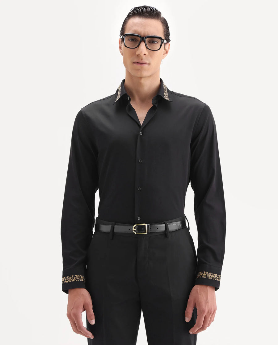Rare Rabbit Men's Ziro Black Cotton Fabric Full Sleeve Collared Neck Jacquard Shirt