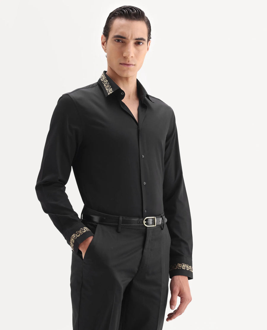 Rare Rabbit Men's Ziro Black Cotton Fabric Full Sleeve Collared Neck Jacquard Shirt