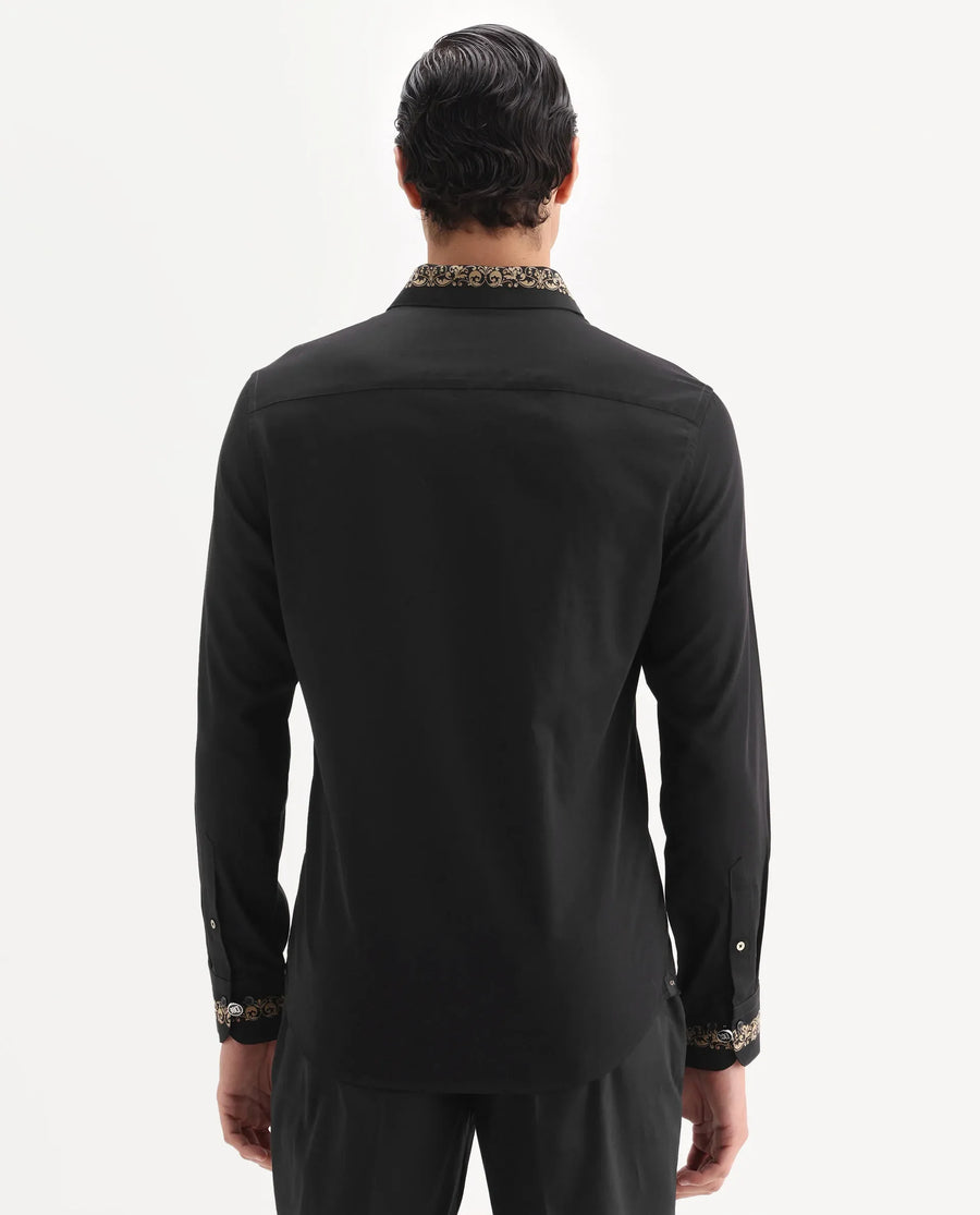 Rare Rabbit Men's Ziro Black Cotton Fabric Full Sleeve Collared Neck Jacquard Shirt