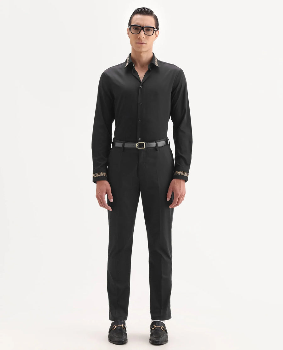 Rare Rabbit Men's Ziro Black Cotton Fabric Full Sleeve Collared Neck Jacquard Shirt