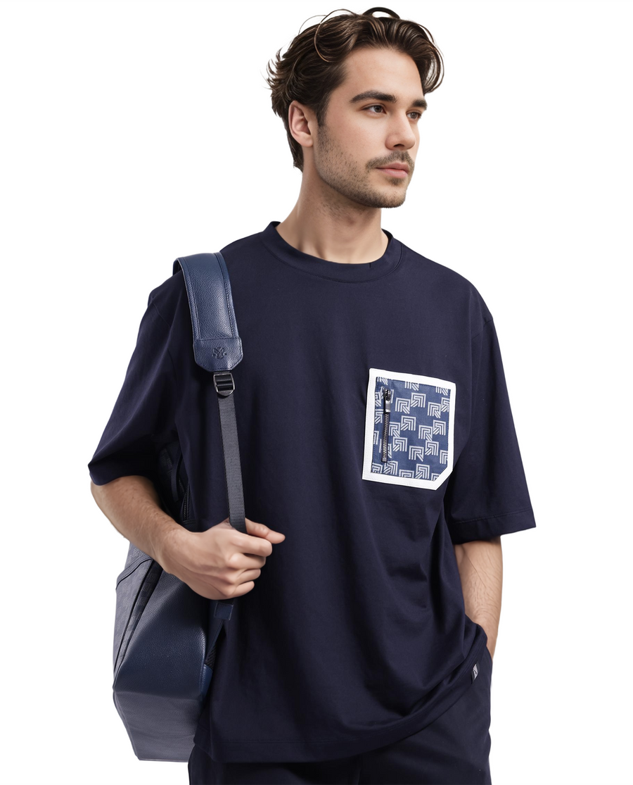 Rare Rabbit Men's Cotton Blend Monogram Print Oversized Fit Half Sleeve Crew Neck T-Shirt