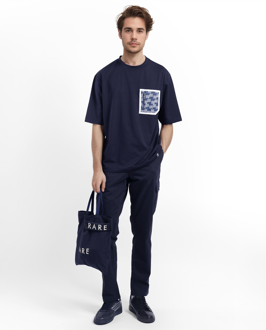 Rare Rabbit Men's Cotton Blend Monogram Print Oversized Fit Half Sleeve Crew Neck T-Shirt