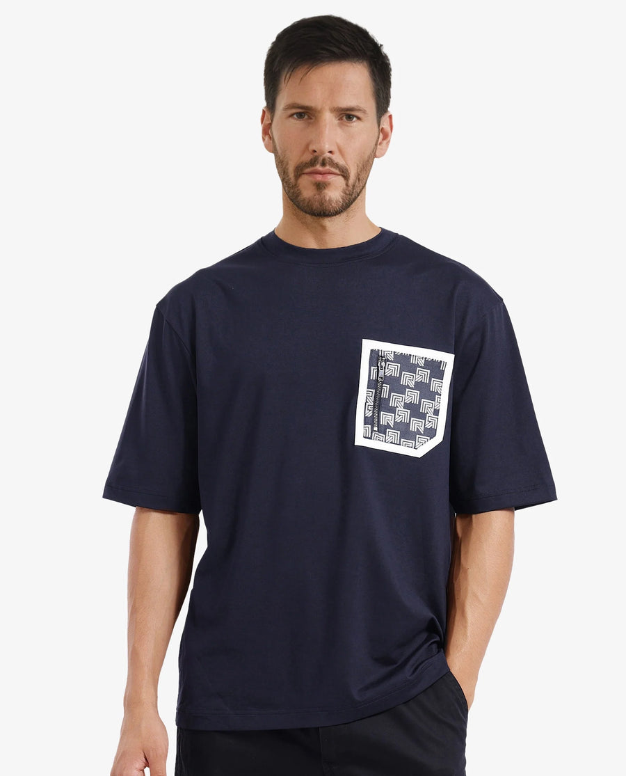 Rare Rabbit Men's Cotton Blend Monogram Print Oversized Fit Half Sleeve Crew Neck T-Shirt