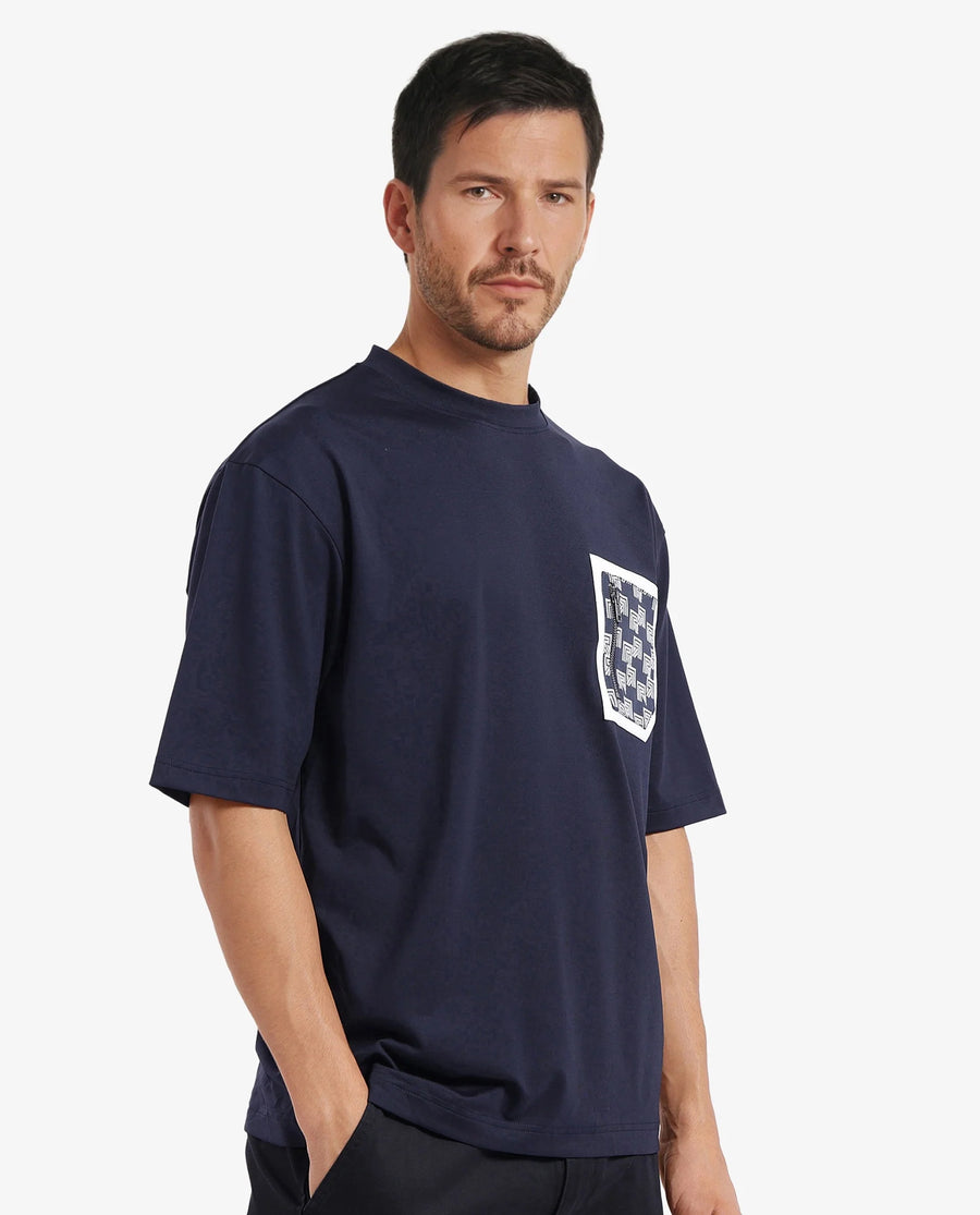 Rare Rabbit Men's Cotton Blend Monogram Print Oversized Fit Half Sleeve Crew Neck T-Shirt
