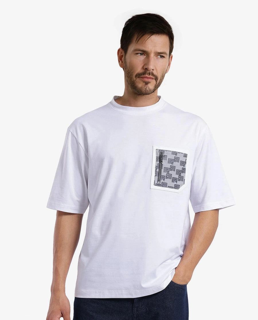 Rare Rabbit Men's Cotton Blend Monogram Print Oversized Fit Half Sleeve Crew Neck T-Shirt