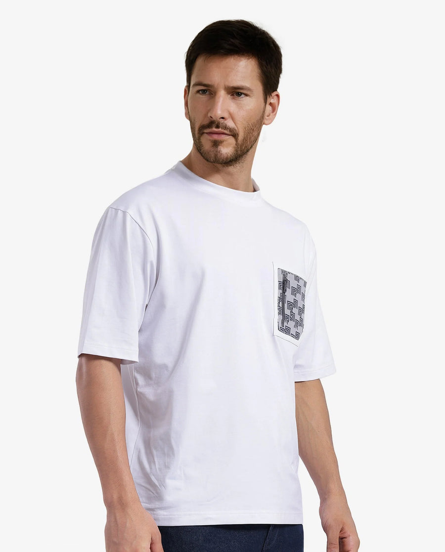 Rare Rabbit Men's Cotton Blend Monogram Print Oversized Fit Half Sleeve Crew Neck T-Shirt