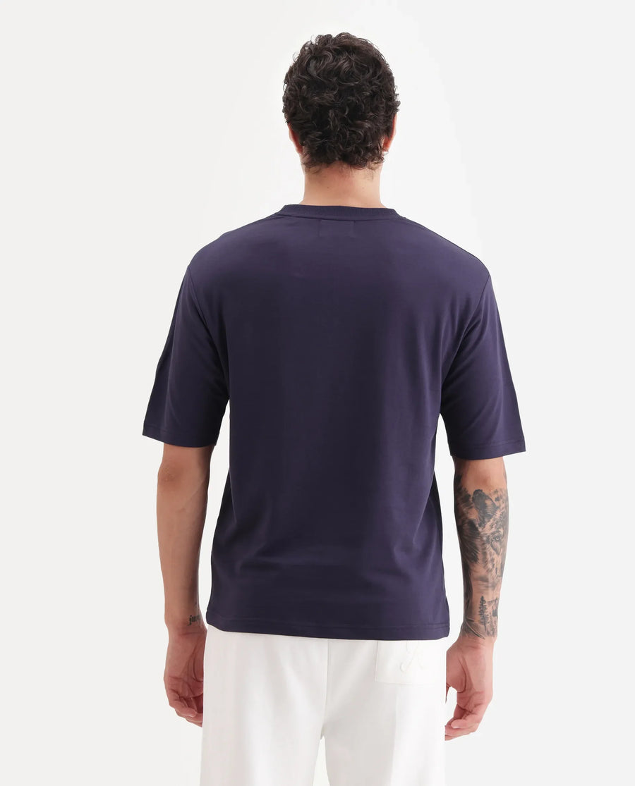 Rare Rabbit Men's Zolar Dark Purple Cotton Graphic Print Relaxed Fit Half Sleeve Crew Neck T-Shirt