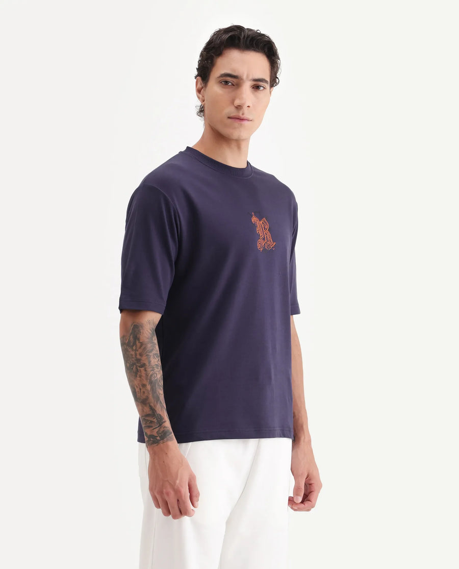 Rare Rabbit Men's Zolar Dark Purple Cotton Graphic Print Relaxed Fit Half Sleeve Crew Neck T-Shirt
