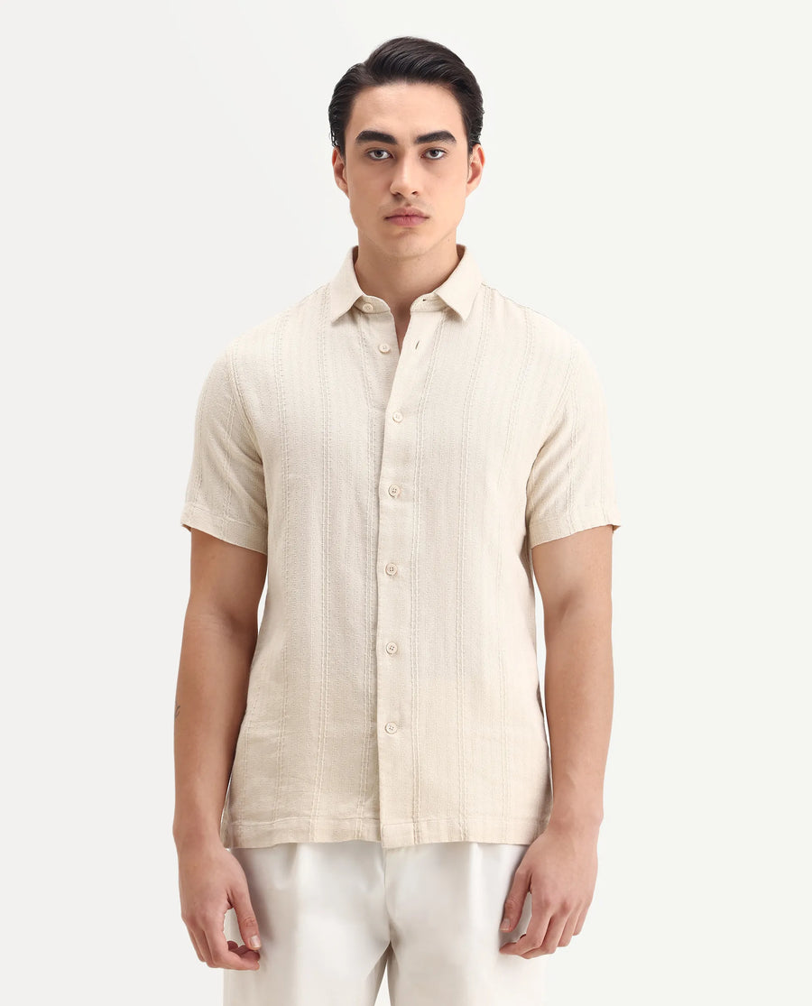 Rare Rabbit Men's Zolt Beige Cotton Fabric Short Sleeve Collared Neck Button Closure Striped Shirt