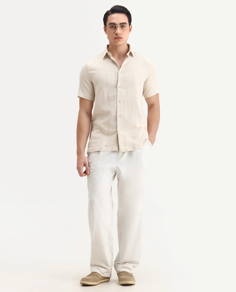 Rare Rabbit Men's Zolt Beige Cotton Fabric Short Sleeve Collared Neck Button Closure Striped Shirt