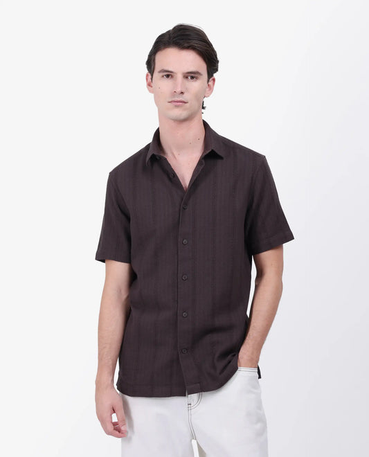 Rare Rabbit Men's Zolt Brown Cotton Striped Print Regular Fit Half Sleeve Collared Shirt