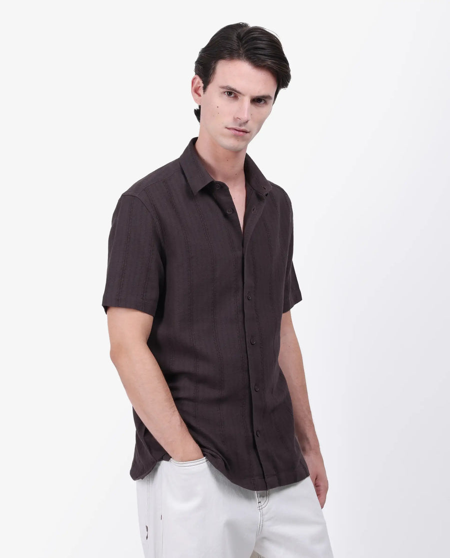 Rare Rabbit Men's Zolt Brown Cotton Striped Print Regular Fit Half Sleeve Collared Shirt